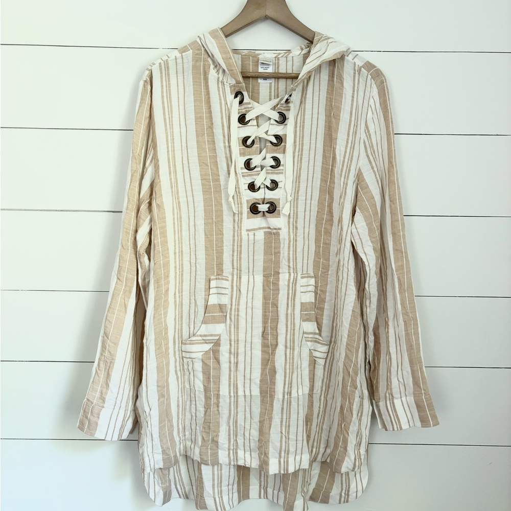 L Space Striped Tan and White Lace-Up Hoodie Top